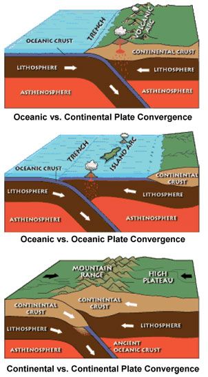 Three cut-away diagrams show the relationship and movement between the asthenosphere, lithosphere and continental crust, as well as oceans, mountains, volcanoes, islands, and plateaus, during oceanic vs. continental plate convergence, oceanic vs. oceanic plate convergence, and continental vs. continental plate convergence. Mountain Environment, Mountain Formation, Earth Science Lessons, Tectonic Plates, Teaching Geography, 7th Grade Science, Physical Geography, 8th Grade Science, Importance Of Education