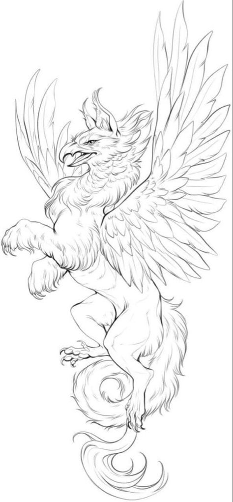 Mythology Animal Tattoos, Sketch Mythical Creatures, Mythology Creatures Drawings, Greek Mythical Creatures Art, Griffin Sketch Tattoo, Griffin Drawing Sketches, Black Griffin Art, Griffin Line Art, Gryphon Tattoo Design