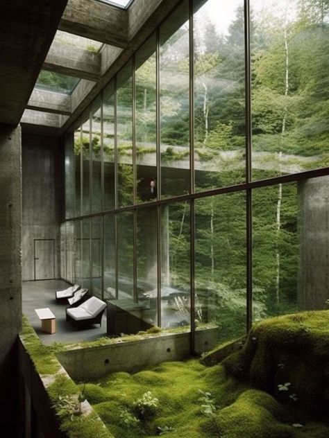 Brutalism House Design, Eco Brutalism Architecture, Eco Brutalism Interior, Brutalism House, Brutalism Interior Design, Futuristic Brutalism, Modern Brutalism, Eco Brutalism, Forest Building