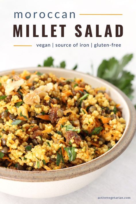 An easy weeknight dinner and/or meal prep recipe, this simple yet flavourful gluten-free dish is perfect! Moroccan Millet Salad is delicious on its own as a complete meal or served as a side with other dishes. The possibilities are endless! #glutenfree #vegan #richiniron #highprotein #plantbased #veganprotein #veganrecipe #vegandinner Millet Recipes Side Dishes, Millet Bowl Recipe, Sorghum Recipes Dinners, Millet Dishes, Millet Salad, Millet Recipe, Baked Tempeh, Millet Recipes, Gluten Free Dishes