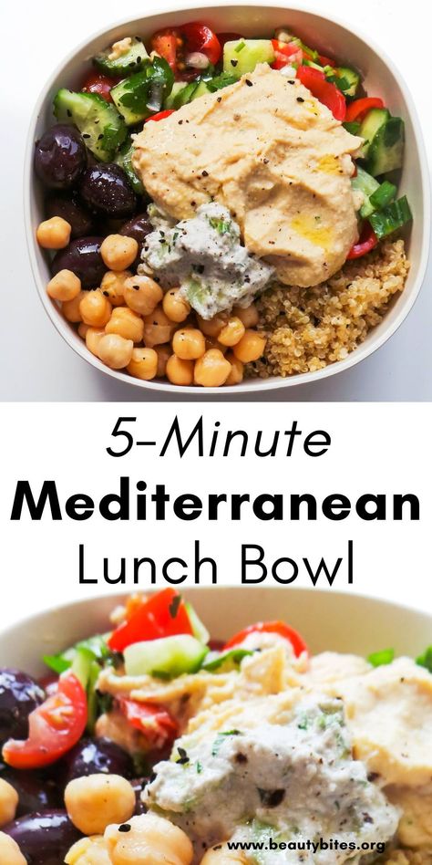 5-Minute Mediterranean Bowl! This is a quick and easy clean eating Mediterranean lunch recipe that you can assemble in 5 minutes. This delicious Mediterranean diet recipe is easy to meal prep, vegan and gluten-free! Mediterranean Diet Rice Recipes, Vegan Medditeranean Food Recipes, Medditeranean Diet Lunch Ideas, Easy Medeteranian Meals, Mederteranian Meals, Mediterranean Meal Prep Lunches, Meditterean Diet Recipes Lunch, Mediterranean Power Bowls, Vegan Mediterranean Diet Recipes