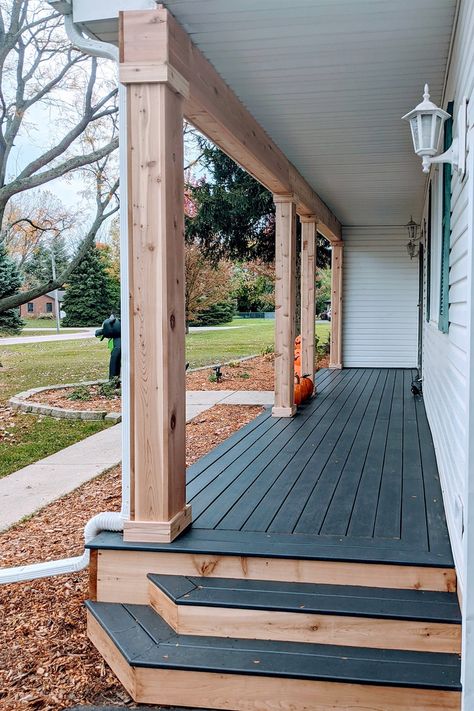 Front Porch Update Before And After, Front Porch With Steps All Around, Beam Porch Ideas, Wood Front Porch Design, Cedar Wood Posts Front Porch, Wood Front Porch Makeover, Modern Front Porch Makeover, Wood Porches Ideas, Diy Porch Post Columns