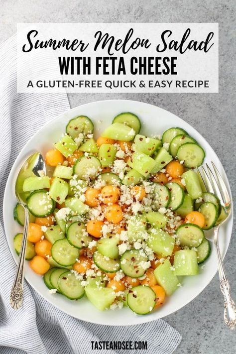 This Summer Melon Salad with Feta is the epitome of delicious summertime eating!  With fresh sweet cantaloupe and honey dew melon, English cucumbers, a little feta cheese, some hot pepper flakes and a simple honey / fresh lime juice dressing with extra virgin olive oil.  #TasteAndSee Honey Dew Melon, Cantaloupe Salad, Melon Recipes, Melon Salad, Honey Lime Dressing, Feta Cheese Salad, Salad With Feta, Asian Cucumber Salad, Fresh Salad Recipes