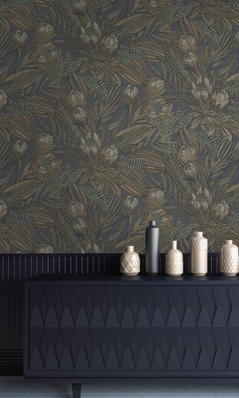 Living Room Wallpaper Texture, Protea Flowers, Moody Wallpaper, Office Wallpaper, Dining Room Wallpaper, Navy Wallpaper, Paint Wallpaper, Glass Splashback, Tropical Wallpaper