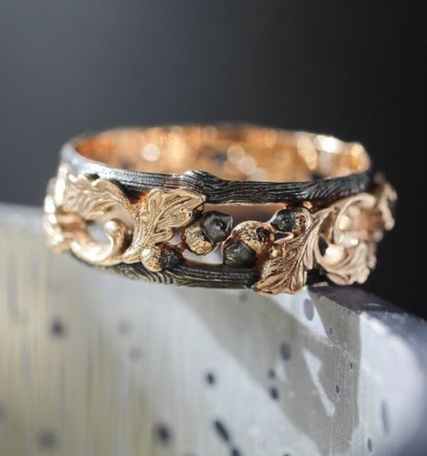 EdenGardenJewelry on Etsy: oak leaves and acorns ring, rose gold and black rhodium (US $1,490.03, September 2023) Oak Leaves, Black Rhodium, Gold Rings, Rose Gold, Silver, Gold, Black