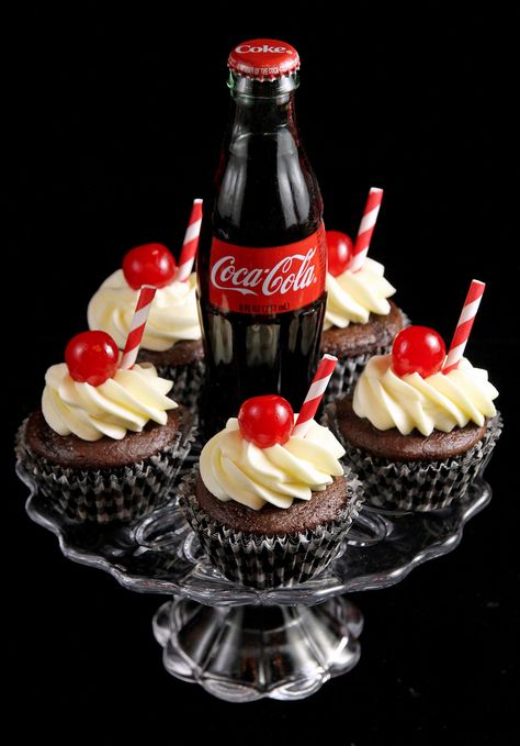 Finished, Done, Ready to take and eat.  A party in your mouth ... anyone want a slightly used Coke bottle?  :) Coca Cola Cupcakes, Cola Cupcakes, Coke Party, Coca Cola Party, Cola Recipe, John Pemberton, Sock Hop Party, 50s Theme, Cola Cake