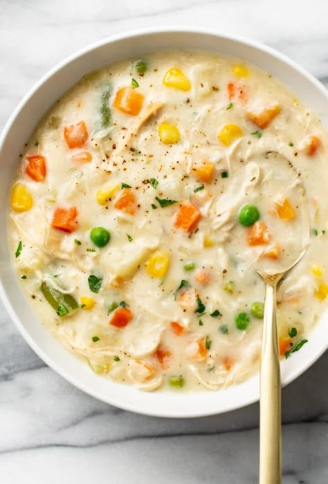 Chicken Potpie Soup, Potpie Soup, Recipe With Cream Of Chicken, Soup With Rotisserie Chicken, Chicken Pot Pie Soup Recipe, Pot Pie Soup Recipe, Salt And Lavender, Chicken Recipes Instant Pot, Chicken Potpie