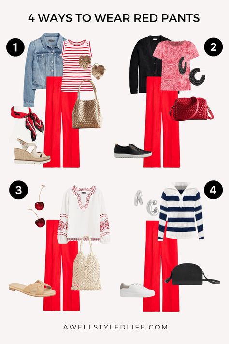 This week I am musing about fashion that I spotted while traveling this summer and 4 ways to wear red pants. Red Sweat Pants Outfits, Red Pant Outfits For Women, How To Wear Red Pants, What To Wear With Red Pants, Red Style Outfit, How To Style Red Pants, Red Pants Outfit Summer, Outfit With Red Pants, Red Pants Outfit Street Style