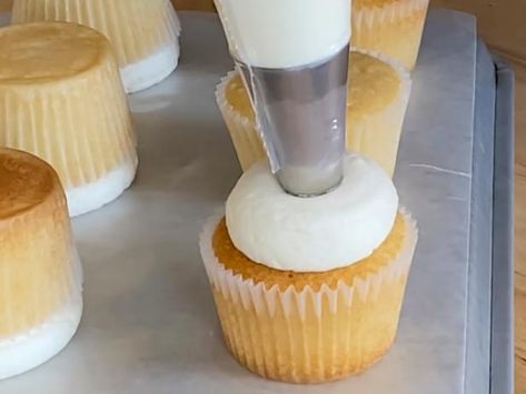 Iced Cupcakes Ideas, How To Make Cupcake Frosting Flat, How To Make Flat Top Icing Cupcakes, Flatten Icing On Cupcakes, Flat Frosting On Cupcakes, How To Frost Mini Cupcakes, Flat Top Cupcakes Frostings, How To Bake Flat Cupcakes, Flat Topped Cupcakes