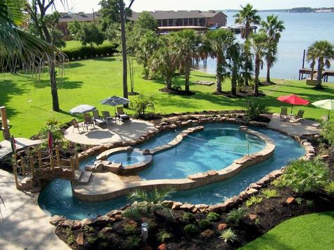 Backyard Lazy River, River Pool, Lazy River Pool, Backyard Pool Design, Backyard Hangout, Wedding Backyard Ideas, Dream Backyard Pool, Pool And Hot Tub, Hot Tub Backyard