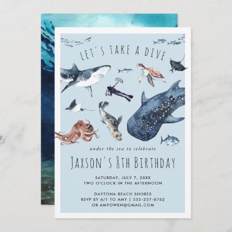 $2.80 | Watercolor Ocean | Birthday Party Invitation #scuba diving, birthday party, modern, watercolor, beach, ocean, pool party, blue waves, whale shark turtle octopus, under the sea Ocean Birthday Party Invitations, Whale Party, Whale Birthday, Sea Whale, Ocean Birthday Party, Summer Party Invitations, Ocean Birthday, Animal Baby Shower Invitations, Pool Birthday