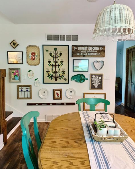 Eclectic Kitchen Gallery Wall - mixes art prints and decor items for a unique look. #gallerywall #gallerywallideas Quirky Gallery Wall, Kitchen Gallery Wall Ideas, Kitchen Wall Gallery, No Dining Room, Eclectic Farmhouse Decor, Wall Decor Picture Frames, Gallery Wall Eclectic, Picture Frames On The Wall, Gallery Wall Kitchen