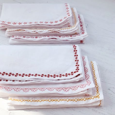 DIY linen napkins – By Hand London Diy Linen Napkins, Embroidery Napkins, By Hand London, Decorative Stitches, How To Tie Ribbon, Diy Napkins, Embroidered Napkins, Cloth Napkin, 자수 디자인