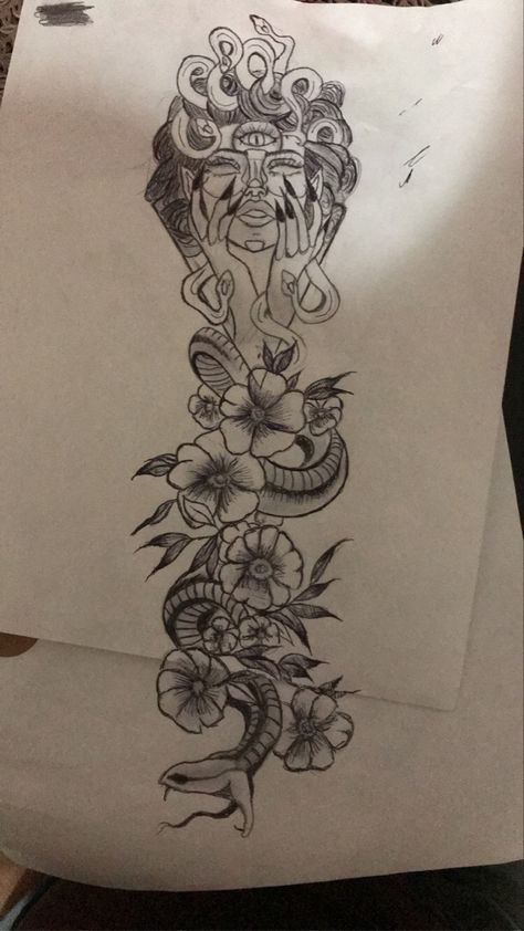 Back Tattoos Medusa, Back Tattoos Half Spine, Women Tattoos Sleeve Ideas Beautiful, Cute Back Tattoos For Women Unique, Self Aware Tattoo, Spine Piece Tattoos For Women, Medusa Spine Tattoo Design, Spine Tattoos Sketches, Top Half Sleeve Tattoo For Women