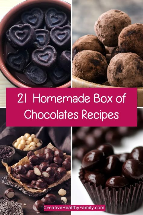 Yum! From truffles to cream-filled candies to everything chocolate-covered imaginable, there are definitely enough ideas here to help you make your own homemade box of chocolates from scratch! Fatally Yours Chocolate, Filled Chocolates Homemade, Homemade Chocolate Valentines, How To Flavor Chocolate, Filled Candy Mold Recipes, Chocolate Candy Fillings, Homemade Chocolates Fillings, Chocolate Boxes Ideas, Chocolate Candies Recipes