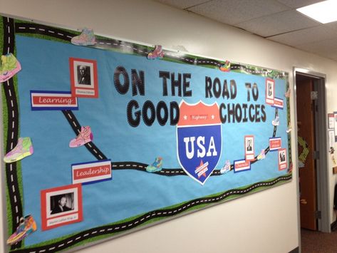 Bulletin board ideas road signs | Augusta Christian School in Augusta, GA. Road Bulletin Board, Travel Classroom, School Wide Themes, Road Trip Theme, Race Theme, Travel Theme Classroom, Energy Bus, Around The World Theme, Racing Theme