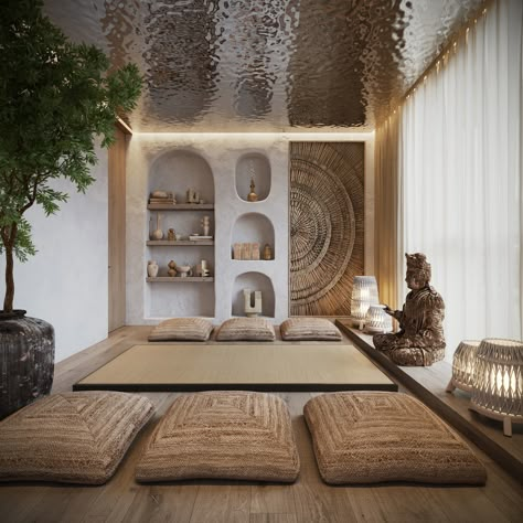 Holistic Center Design Ideas, Healing Center Design, Reflective Ceiling, Yoga Cafe, Wellness Center Design, Woven Cushions, Yoga Spaces, Carved Wood Panel, Massage Room Decor