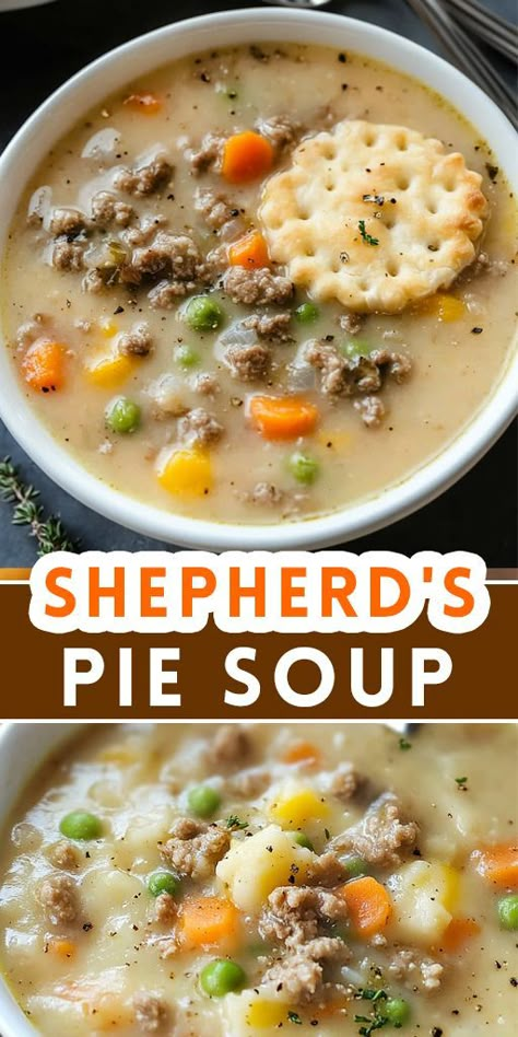 🍲 Shepherd's Pie Soup: Cozy up with this delicious twist on the classic comfort food! 🥔 This hearty soup combines all the flavors of traditional shepherd’s pie—savory ground beef, tender veggies, and creamy mashed potatoes—into a warm and satisfying bowl. 🥕 🔗 Save this Pin for later and don't forget to share it with your friends! 🍴 Tap below to get the full recipe and warm up with this soul-soothing soup. ⬇️ #ComfortFood #ShepherdsPie #EasyRecipes #OnePotMeals #WinterRecipes #SoupSeaso Shepherds Pie Soup, Pie Savory, Pot Pie Soup Recipe, Soup Cozy, Beef Soup Recipes, Soup With Ground Beef, Pot Pie Soup, Homemade Soup Recipe, Delicious Soup Recipes