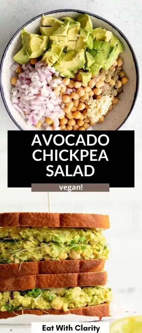 This smashed chickpea avocado salad is healthy, fresh and so easy to make. It's made with just a few pantry staple ingredients and is the perfect vegan chickpea salad for meal prep! This healthy lunch is perfect for school, work or a picnic. Chickpea Avocado Salad, Vegan Chickpea Salad, Smashed Chickpea, Avocado Chickpea, Chickpea Salad Vegan, Chickpea Avocado, Salads Easy, Delicious Salad Recipes, Vegan Chickpea