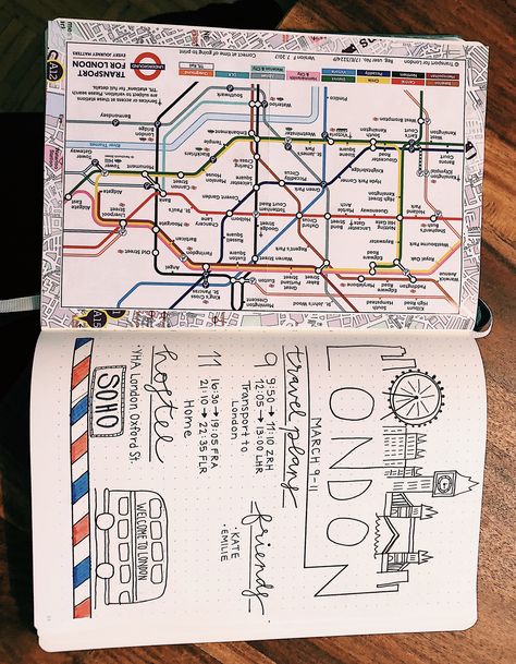 London Travel Journal Ideas, Bullet Journal Voyage, Travel Bullet Journal, Travel Journal Pages, Travel Journaling, Travel Journal Scrapbook, Travel Collage, Wreck This Journal, Journal Travel