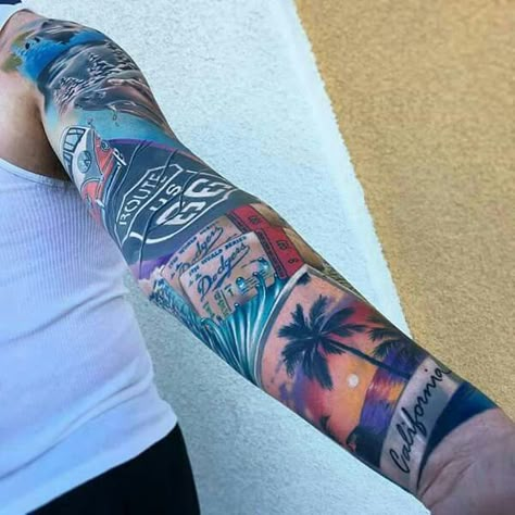 California Tattoo, Flame Tattoos, Theme Tattoo, Pieces Tattoo, Beach Tattoo, Chest Piece Tattoos, Geniale Tattoos, Tatuaje A Color, Badass Tattoos