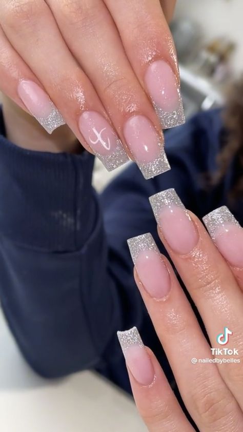 Glittery French Tip Nails Coffin, Square French Tip Acrylic Nails Sparkle, Coffin Shape French Tip Nails Glitter, Medium Square Acrylic Nails French Tips Glitter, Glitter French Tips Square, Square Acrylic Nails Glitter, Sparkly Tapered Square Nails, Glitter French Tips Acrylics, Nails For Quinceanera