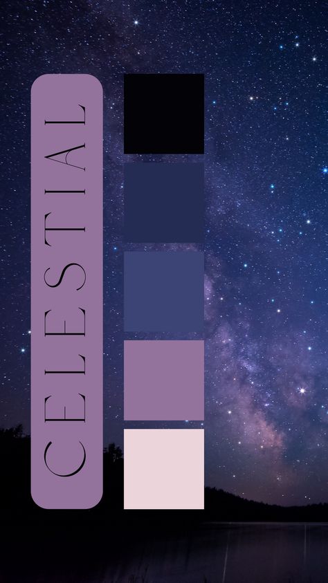 Celestial Color Palette by Felicity & Lilac Events Navy Blue Purple Color Palette, Full Moon Color Palette, Psychic Color Palette, Celestial Wedding Color Schemes, Violet Color Palette Colour Schemes, Witchcore Color Palette, Tarot Card Color Palette, Celestial Color Scheme, Celestial Paint Color