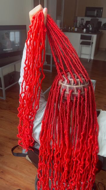 Red Soft Locs Black Women, Red And Black Soft Locs, Different Color Soft Locs, Red Faux Locs Black Women, Soft Locs Red, Red Goddess Locs, Red Soft Locs, Faux Locs Red, Red Butterfly Locs