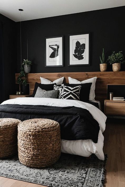 Simple Dark Bedroom Ideas, Black Bedroom With Wallpaper, Black And Timber Bedroom, Master Bedrooms Decor With Black Bed, Black Walls With Curtains, White And Chocolate Bedroom, Behind The Headboard Decor, Black And Pine Bedroom, Wood And Black Bedroom Ideas