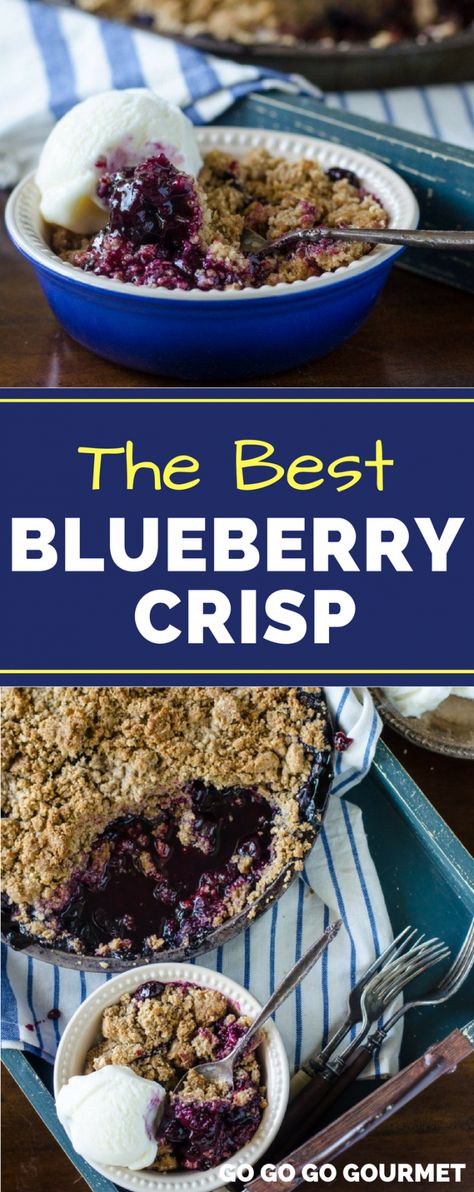 Move over Pioneer Woman, this is the BEST Blueberry Crisp recipe! Comparable to a cobbler, but with a delicious crumble on top, this dessert is perfect for summer! #bestblueberrycrisprecipe #blueberryrecipes #summerdessertrecipes #gogogogourmet via @gogogogourmet Best Blueberry Crisp, Pomegranate Desserts, Blueberry Crisp Recipe, Blueberry Pies, Blueberry Cobbler Recipes, Blueberry Desserts Recipes, Blueberry Crisp, Blueberry Crumble, Blueberry Desserts