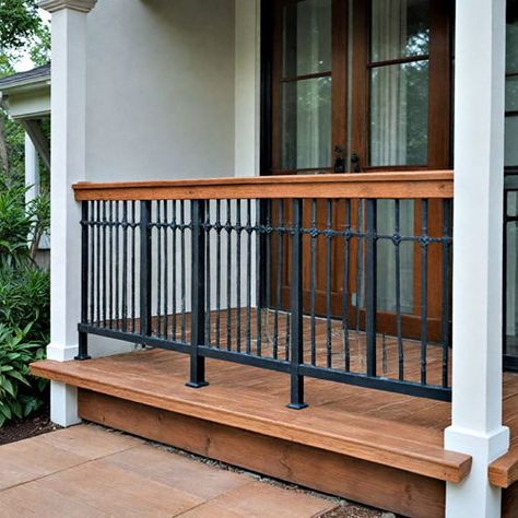 40 Porch Railing Ideas to Transform Outdoor Spaces Cottage Railing Ideas, Front Porch Railing Ideas Wrought Iron And Wood, Modern Outdoor Railing Ideas, Black Iron Railing Front Porch, Black Metal Porch Railing, Black Porch Railing Ideas, Outside Railing Ideas, Patio Railing Ideas, Unique Deck Railing Ideas