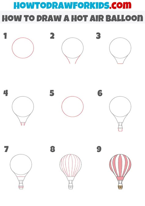 How To Draw Hot Air Balloon Step By Step, Air Ballon Draw, How To Paint Hot Air Balloons, Easy Hot Air Balloon Drawing, Drawing Hot Air Balloons, Simple Hot Air Balloon Drawing, How To Draw A Hot Air Balloon Easy, Step By Step Chalk Drawing, How To Draw Hot Air Balloon