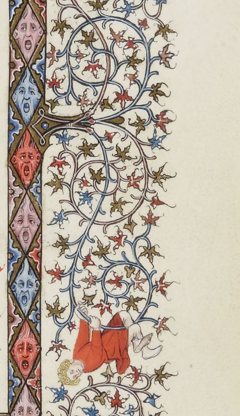 Border chant and playful youth Century: XV   http://gallica.bnf.fr/proxy?method=R&ark=btv1b8496557x.f49&l=6&r=1347,1779,1468,846 Illuminated Borders, Manuscript Art, Medieval Pattern, Medieval Drawings, Medieval Illumination, Medieval Artwork, Illustrated Manuscript, Medieval Books, Medieval Paintings