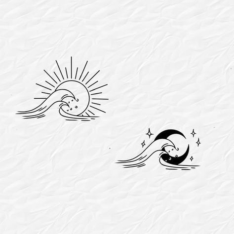 Double Trouble Tattoo Ideas, Sun Moon Beach Tattoo, Moon And Beach Tattoo, Beach Flash Tattoo, Moon Beach Tattoo, Beach Tatoos Ideas, Sun Moon Couple Tattoo, Tattoo Beach Ideas, Matching Beach Tattoo