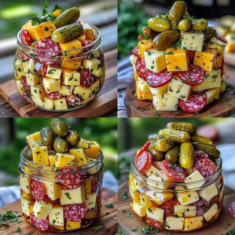 Easy Marinated Cheese Appetizer with Salami & Pickle Marinated Cheese Appetizer, Family Gift Basket Ideas, Salami Appetizer, Gift Basket Ideas For Christmas, Basket Ideas For Christmas, Pickle Appetizers, Salami Recipes, Marinated Cheese, Cheese Appetizer