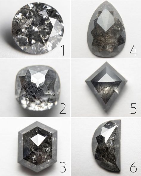 Six salt & pepper diamonds from the Staghead Mine are shown in varying shapes: Round, cushion, hexagon, pear, kite, & half-moon/crescent! Salt & pepper diamonds include many different types of flaws, which makes them extremely unique! These flaws can include graining, bearding, clouding, cracks & inclusions, pinpoints, wisps, & even other crystals growing inside the gem. Once you choose your stone, Staghead Designs' skilled artisans will help you design & create your dream ring! Staghead Designs North Star, Marquise Salt And Pepper Diamond, Salt And Pepper Marquise Diamond, Raw Salt And Pepper Diamond Vintage Ring, Salt And Pepper Diamond Ring Kite, Whiskey Barrel Wedding Ring, Antler Wedding Rings, Salt And Pepper Diamond Ring, Pepper Diamond Ring