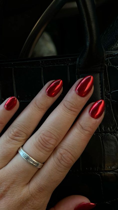 Red Chrome Nails With Design, Chrome Red Almond Nails, Maroon Nails With Chrome, Red Chrome Nails Short, Short Red Chrome Nails, Dark Red Nails With Chrome, Red Chrome Nails Almond, Red Nails With Chrome, Dark Red Chrome Nails