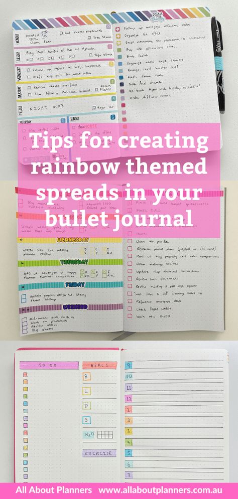 tips for creating rainbow themed spreads in your bullet journal quick simple easy favorite supplies all about planners Rainbow Bullet Journal, Bullet Journal Daily Spread, Rainbow Color Scheme, Bullet Journal Daily, Bullet Journal Minimalist, Bullet Journal Monthly Spread, Stationery Brands, Journal Weekly, Bullet Journal Monthly