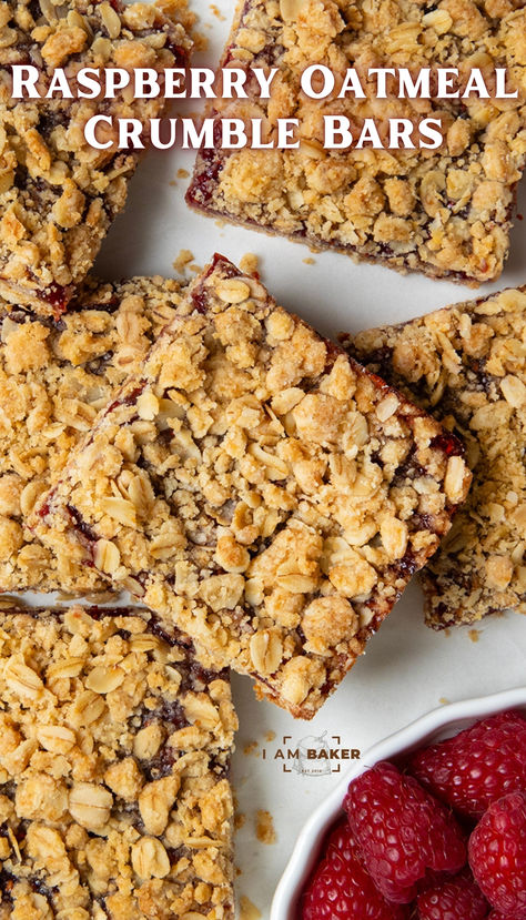 Raspberry Oatmeal Crumble Bars have a buttery, oat crumble base covered with a layer of raspberry jam, and more oat crumble on top, baked to golden brown. It is a simple-to-make bar that can be enjoyed for breakfast, snack time, or dessert! Oatmeal Crumble Bars, Oat Slice, Easy Impressive Dessert, Oatmeal Crumble, Key Lime Pie Bars, Jam Bars, Raspberry Oatmeal, Bakery Goods, Raspberry Crumble