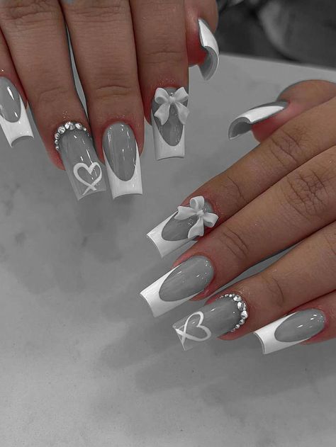 Gray Birthday Nails, Grey French Nails, Grey Acrylics, White Nail Ideas, Bow Nail Designs, Bow Nails, Grey Nails, Bow Nail, Colourful Nails