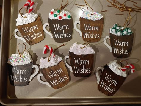 Dollar Tree Wood Coffee Cup Ornaments, Dollar Tree Hot Chocolate Ornament, Dollar Tree Wooden Coffee Cup Ornament, Smores Ornaments, Cocoa Cups, Coffee Cup Crafts, Coffee Ornaments, Chocolate Ornament, Jul Diy