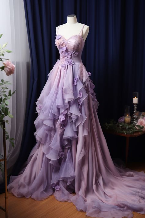 Lavender flower inspired gown Purple Flowery Dress, Tangled Inspired Dress, Tangled Inspired Prom Dress, Rapunzel Dress Inspired, Rapunzel Moodboard, Rapunzel Prom Dress, Beautiful Gowns Princesses, Rapunzel Gown, Purple Fantasy Dress