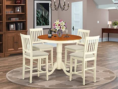 East West Furniture JAVN5-WHI-C 5-Piece Dining Room Set - Round Top Dining Table - 4 Dining Chairs Slatted Back and Linen Fabric Seat (Buttermilk & Cherry Finish) Coastal Cottage Bedroom, Kitchen Dinette Sets, Small Kitchen Table Sets, Kitchen Table Sets, Counter Height Dining Table Set, Dining Nooks, Small Kitchen Table, Kitchen Dinette, Fabric Dining Room Chairs