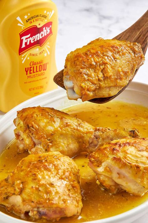 French's Mustard Baked Chicken Recipe Mustard Sauce For Chicken, Herb Chicken Recipes, Mustard Chicken Thighs, Yellow Stuff, Mustard Chicken Recipes, Mustard Recipe, Favorite Recipes Chicken, Herb Roasted Chicken, Mustard Chicken