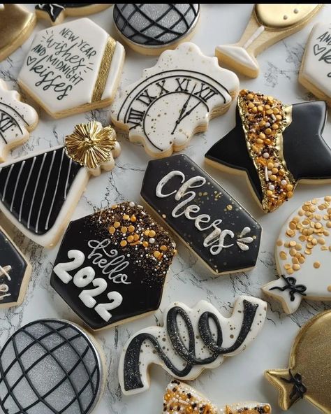 New Years Iced Cookies, Nye Royal Icing Cookies, Nye Sugar Cookie, New Year Eve Cookies, New Years Sugar Cookies Decorated, New Year’s Eve Cookies Decorated 2024, Nye Cookies Decorated, New Year’s Eve Cookies Decorated, Happy New Year Cookies Decorated