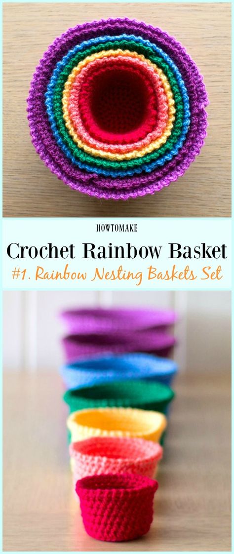 Rainbow Basket, Crochet Basket Pattern Free, Nesting Baskets, Crochet Rainbow, Crochet Basket Pattern, Rainbow Crochet, Kawaii Crochet, Manta Crochet, Crochet Basket