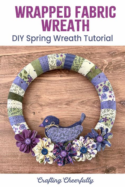 Spring Fabric Wreath Diy, Fabric Wrapped Wreath, Fabric Flower Wreath Diy, Material Wreaths Scrap Fabric, Wreaths Made With Fabric, Fabric Wreath Christmas, Fabric Wreath Ideas, Fabric Wreaths Diy, Fabric Wreaths Diy No Sew