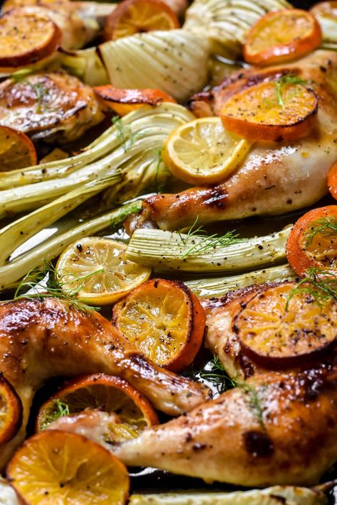 Orange Chicken Roast With Fennel And Shallots, Spring Roasted Chicken, Roast Fennel Recipe, Fennel Chicken Recipes, Chicken And Fennel Recipes, Chicken Fennel Recipe, Confit Fennel, Leek Confit, Recipes With Fennel