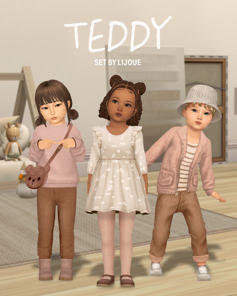 Teddy Toddler Set — Preview | LIJOUE Sims 4 Child Clothes Cc, Toddler Cc Sims 4, Sims 4 Toddler Clothes, Teddy Sweater, Sims Baby, Sims 4 Cas Mods, Sims 4 Cc Kids Clothing, Pelo Sims, Sims 4 Children