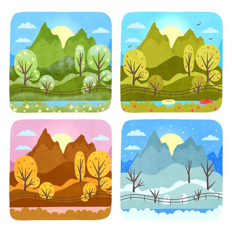 4 Season Illustration, 4 Seasons Illustration, Spring Vector Illustration, 4 Seasons Aesthetic, Seasons Drawing, 4 Seasons Art, Seasons Illustration, Studies Aesthetic, Art Ideas Aesthetic